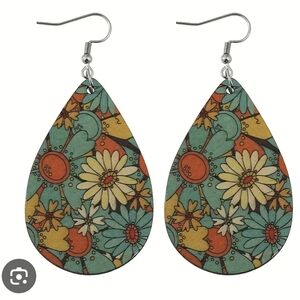 Boho Hippie Floral Faux Leather Coated Canvas 70s Style Teardrop Dangle Earrings